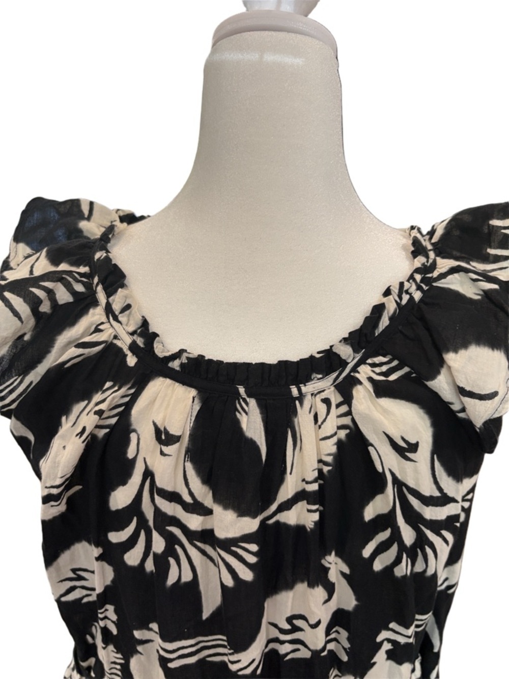 Lido cotton midi dress. Black white birds feathers tiered skirt OS ruffle sleeve - Picture 6 of 12